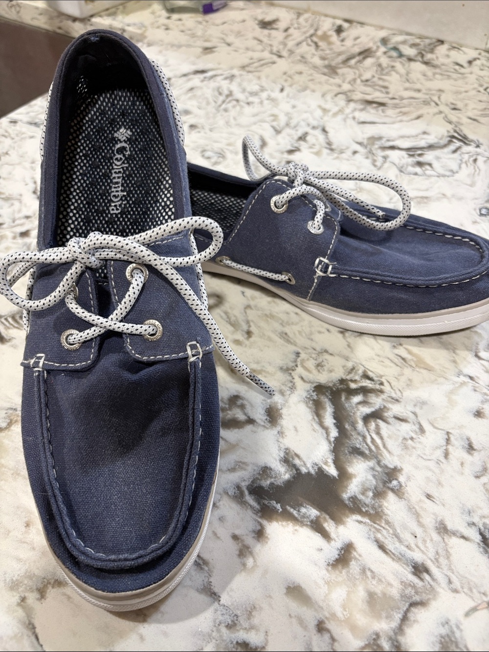 ColumbiaWomens Navy Canvas Boat Shoes with White Laces